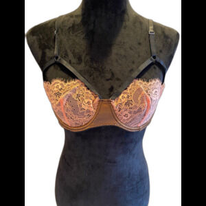 Sexy Demi Bra Underwire Lacey  Size Large with Orange Lace Cup and Brown Sides